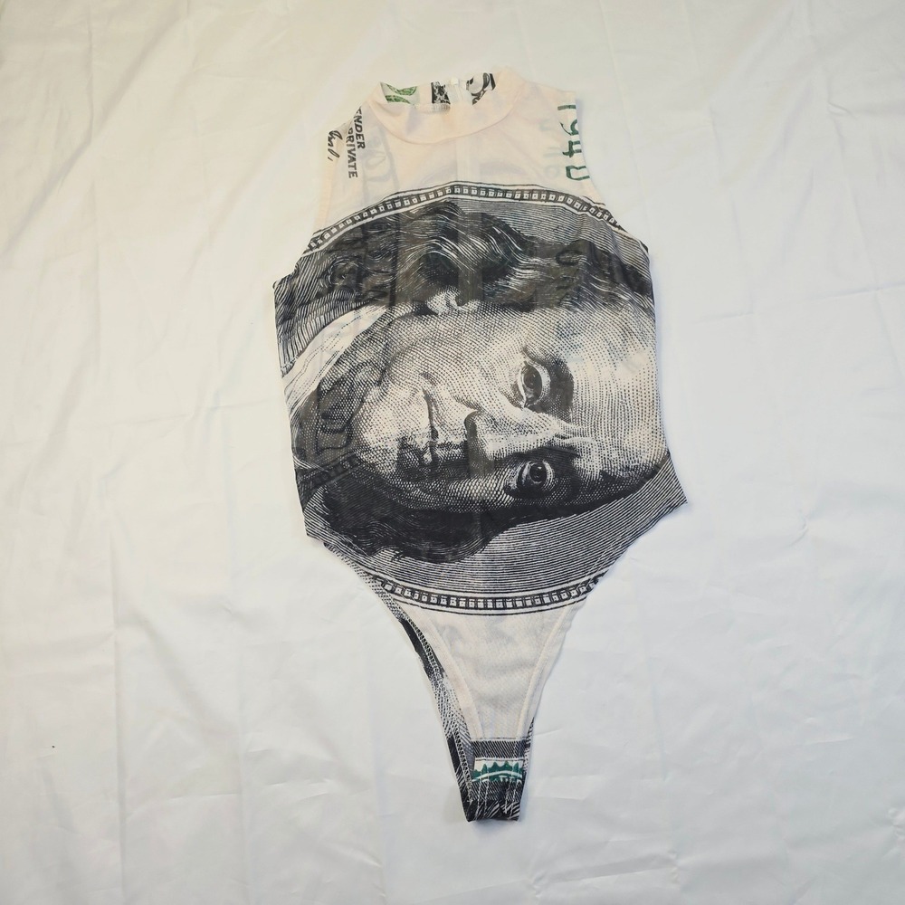 Women's Benjamin Franklin Money Print Bodysuit Medium White Black Cash K45